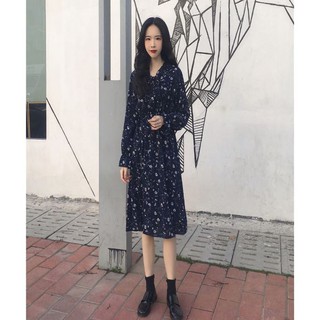 [EGANDA] Váy hoa nhí  Váy Hàn Quốc retro hoa nhỏ , đầm dài thắt nơ cổ và tay chuẩn dáng Hàn Quốc cực xinh