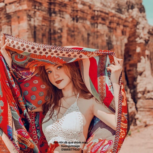 [HÀNG LOẠI 1]_Khăn Choàng Cổ Boho Vintage Cao Cấp Hoạ Tiết Đỏ Công