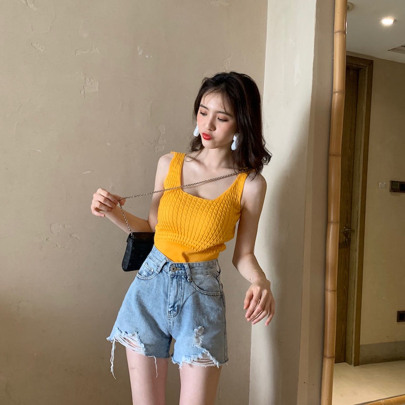 Áo Dệt Kim Hai Dây Dáng Ngắn 2022 Thời Trang Xuân Hè Hàng Mới Dành Cho Bạn Nữ
