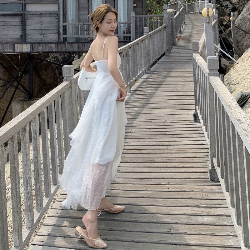G1- đầm maxi voan bèo trắng 2 dây