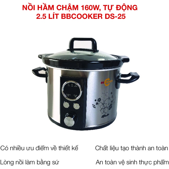 [Mã ELHADEV giảm 4% đơn 300K] Nồi hầm chậm 160w, tự động 2.5 lít BBCooker DS-25