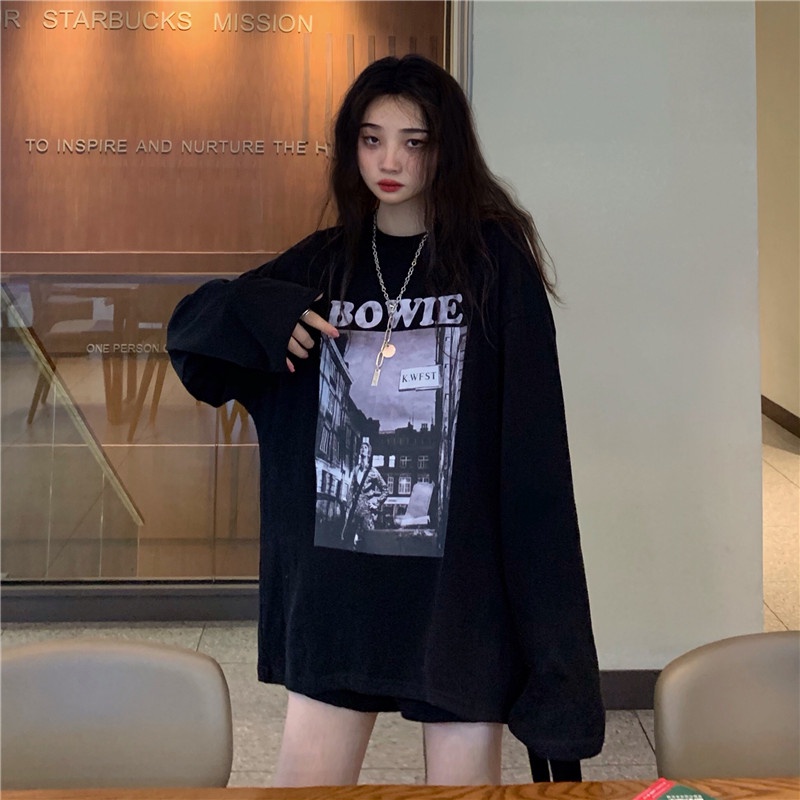  Xiaozhainv Áo Thun Tay Dài Cổ Tròn Màu Đen In Họa Tiết Phong Cách Hàn Quốc Cho Nữ | BigBuy360 - bigbuy360.vn