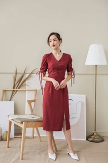 Đầm cổ tim phối nút trắng - đỏ ( Kèm hình chụp thật 100%)