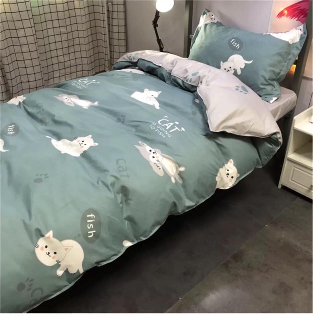 Chăn ga gối cotton poly - Mẫu mèo xanh