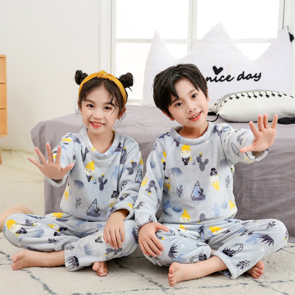 Bộ đồ ngủ flannel dày giữ ấm thời trang thu đông cho trẻ em