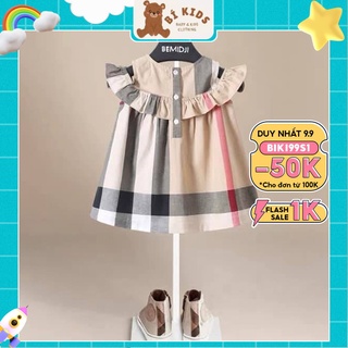 Váy cho bé gái Bí Kids kẻ 2 màu siêu xinh cho bé 1 2 3 4 5 6 7 tuổi, đầm công chúa cổ bèo chất cotton mềm mát cho bé