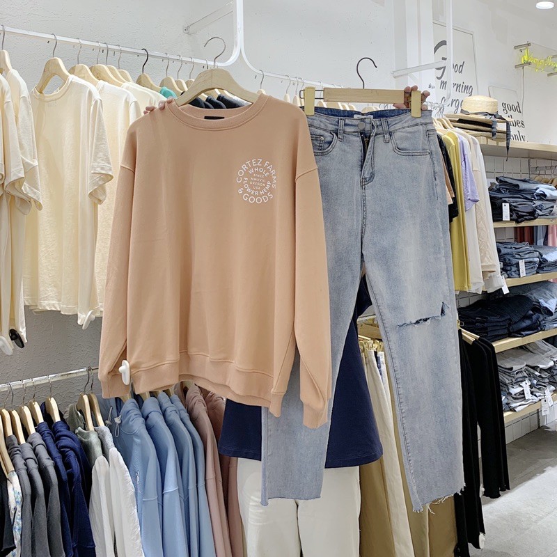 Sibling House - Áo sweater nỉ form rộng tay dài chất vải dày dặn in chữ Orange