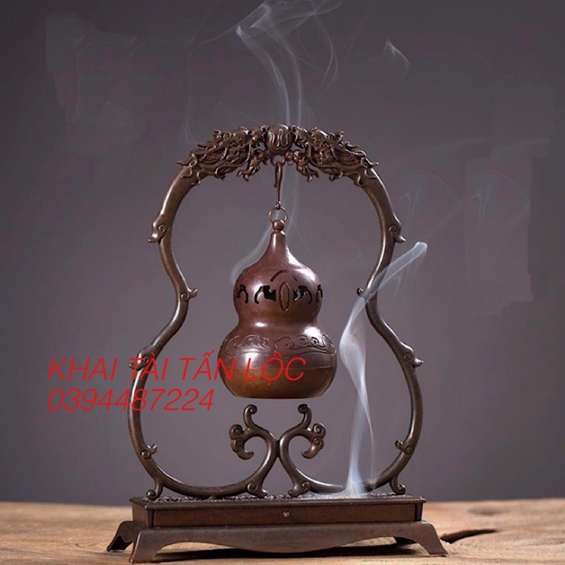 Lư xông trầm hồ lô treo song long tranh châu phong thủy bằng đồng