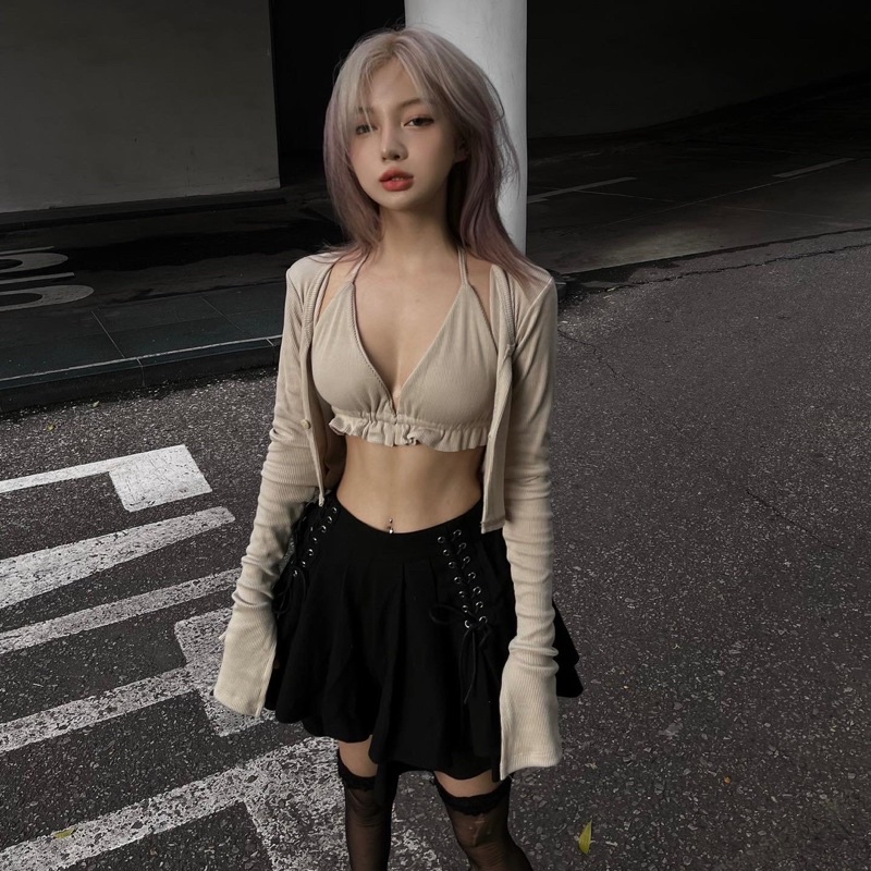 Set áo bikini và áo ngoài màu ghi