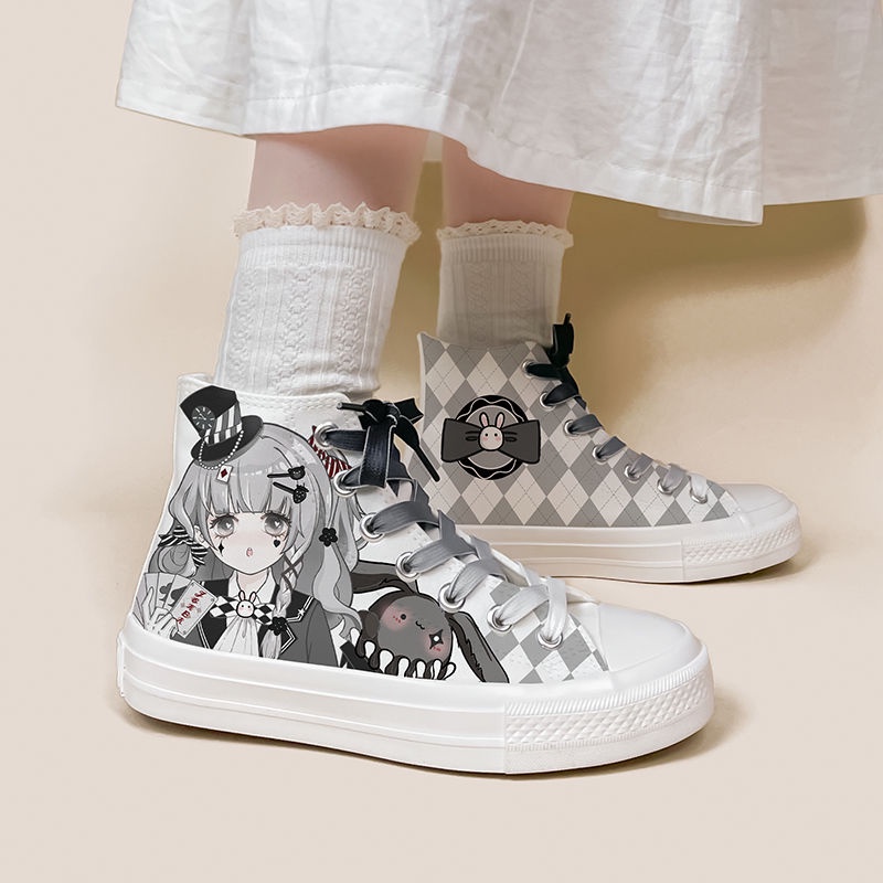 Giày Thể Thao Canvas Cổ Cao Họa Tiết Hoa Cúc Phong Cách Nhật Bản Cho Nữ Sinh