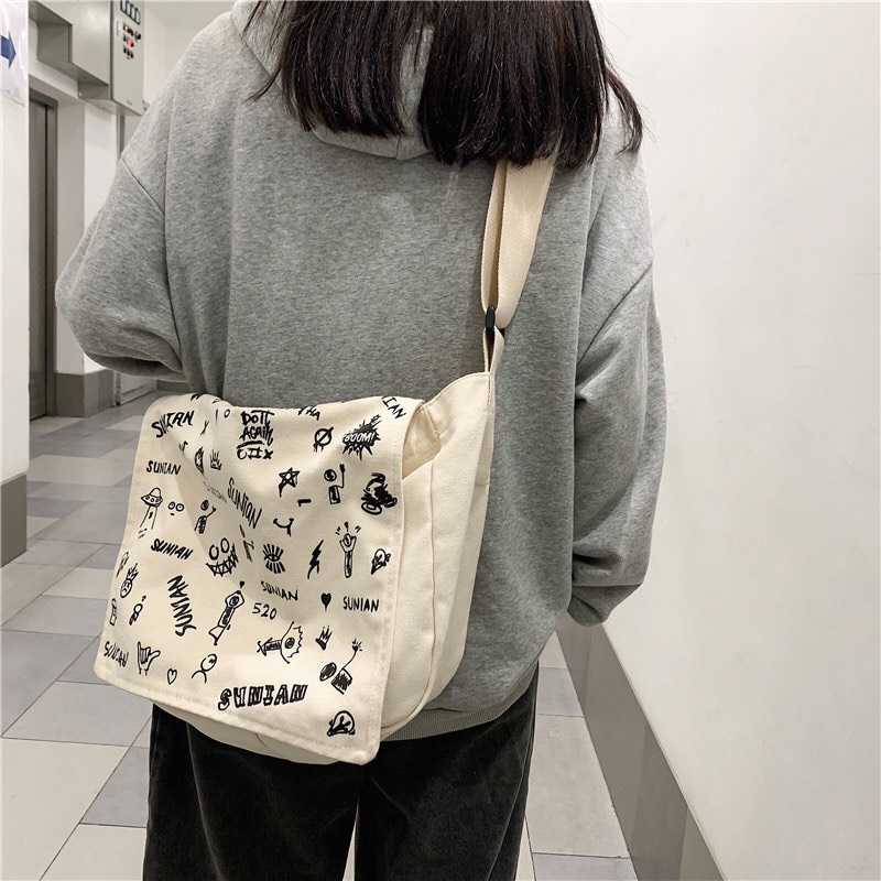 Túi tote vải đeo chéo canvas unisex cao cấp đựng vừa khổ a4 đi học đi chơi Hàn Quốc