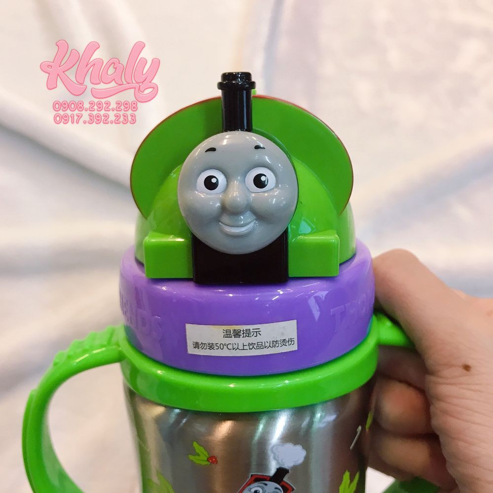 Bình nước giữ nhiệt 2 quai cầm dài có ống hút hình xe lửa Thomas & Friends cho trẻ em, bé trai (350ml)