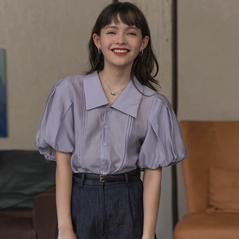 Áo sơ mi tay phồng nữ áo sơ ngắn tay vintage (có ảnh thật)