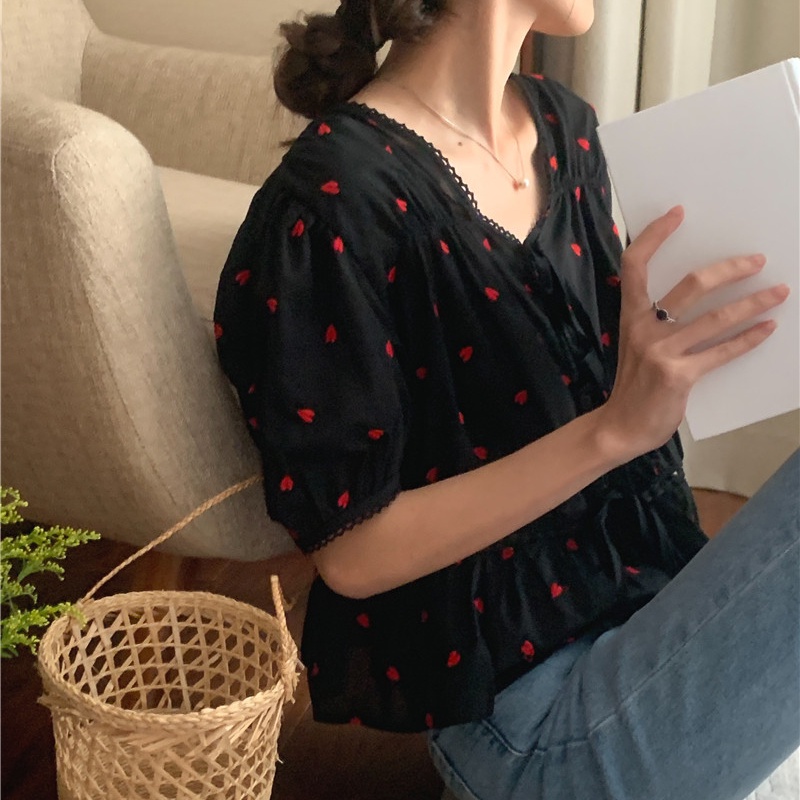 SUXI Áo Sơ Mi Cotton Ngắn Tay Thắt Dây Thêu Họa Tiết Chấm Bi Phong Cách Hàn Quốc