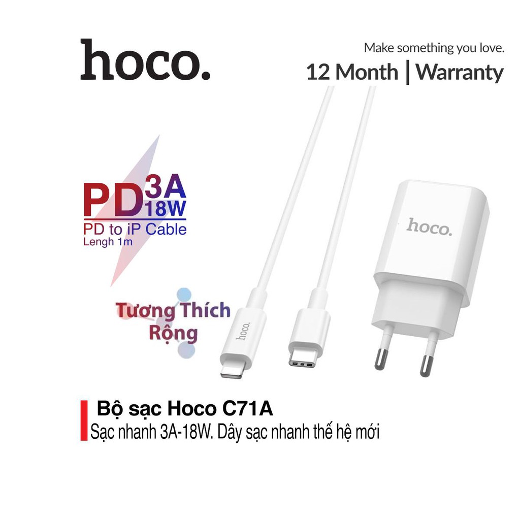 Bộ cốc sạc nhanh Type-C Hoco C71A,tích hợp công nghệ sạc nhanh 18W, chuẩn PD 3.0, bao gồm cáp Type-C to Lightning dài 1m