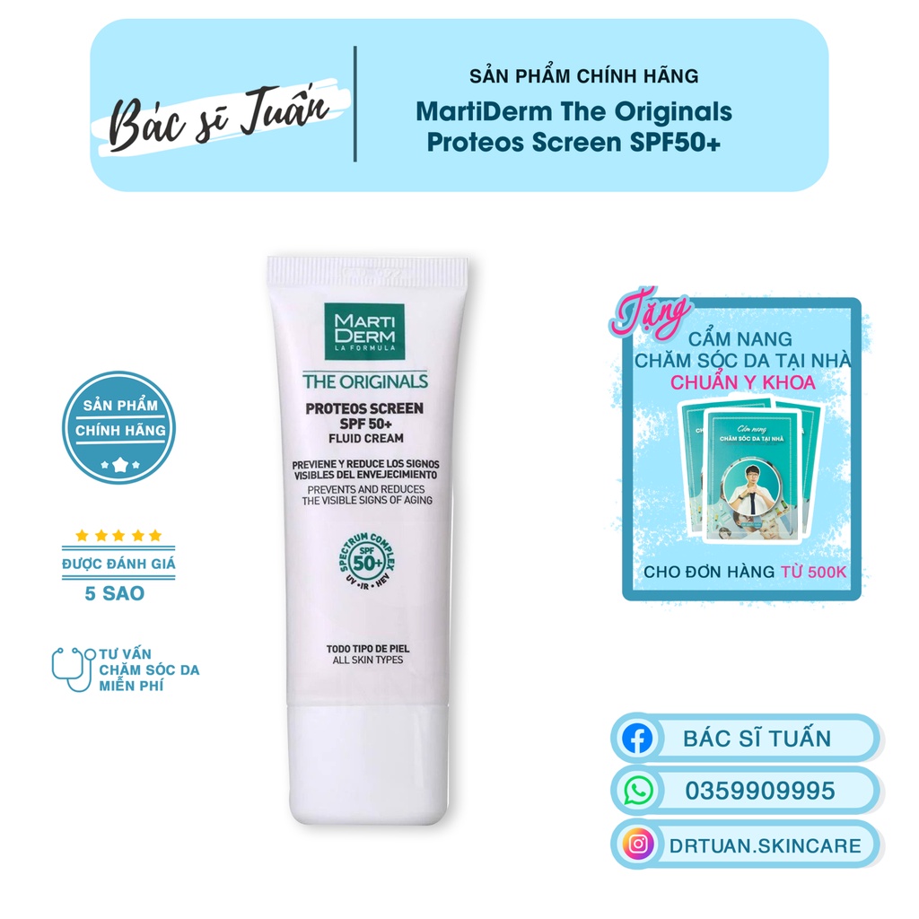 Kem Chống Nắng Phổ Rộng Toàn Diện Ngừa Lão Hóa, Nám Da - MartiDerm The Originals Proteos Screen SPF50+ Fluid Cream