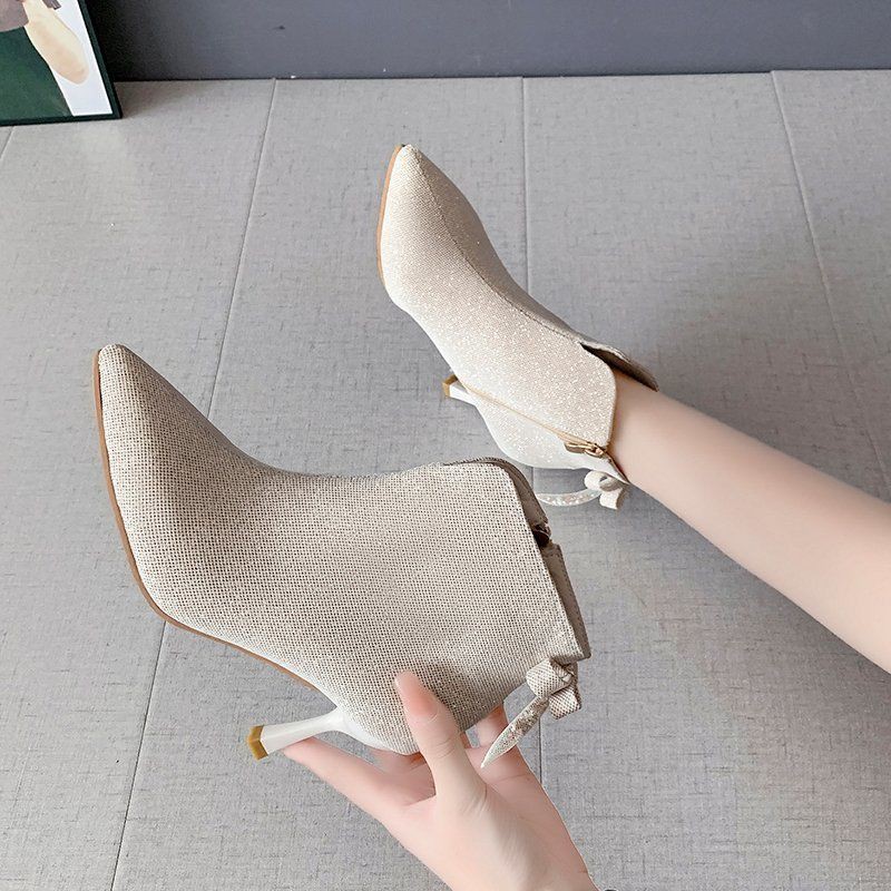 ❆△2020 autumn and winter new bow beige short boots female stiletto pointed high-heel Martin wild ankle nude