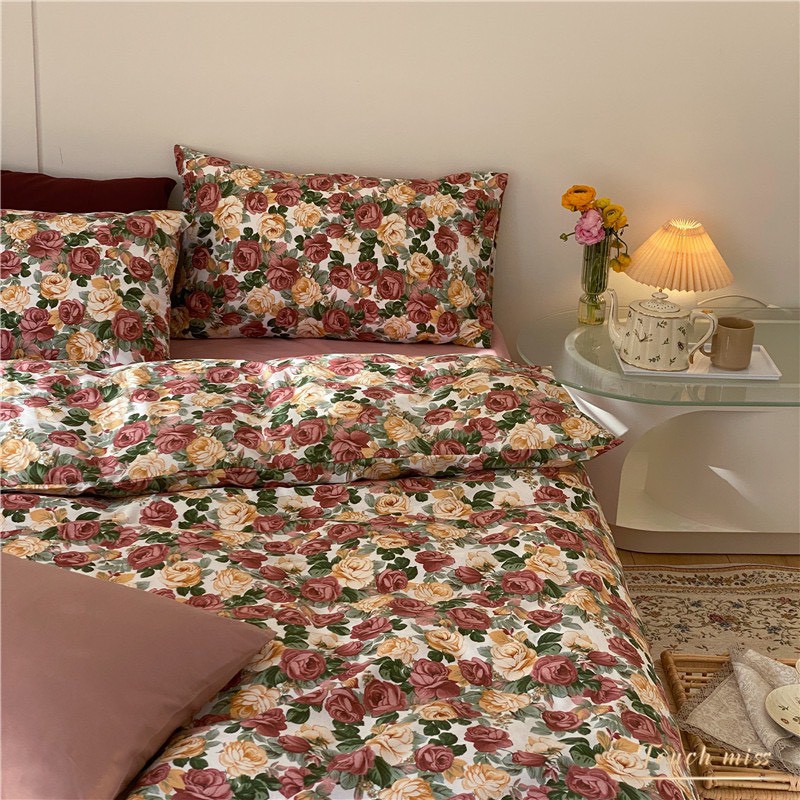 Bộ Chăn Ga Giường Và Vỏ Gối Hoa Pháp Vintage Cotton Living 100% Dày Dặn Thoáng Mát bọc nệm freesize Sunny Bedding