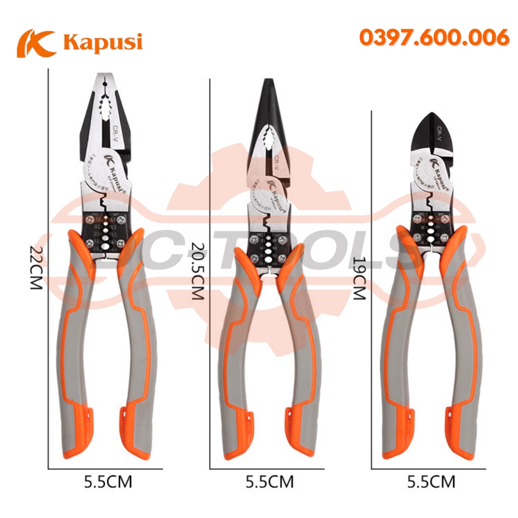 BỘ KÌM KAPUSI KÌM CẮT, KÌM ĐIỆN, KÌM NHỌN 8,5 ICNH 210mm ĐA NĂNG  chính hãng KAPUSI JAPAN, thép CR-V cao cấp  DC-TOOL