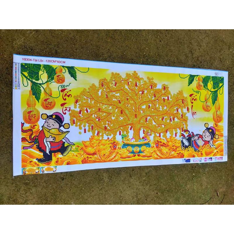 Tranh đính đá Cây Tiền Thần Tài Phát Lộc KT:1m30x60cm