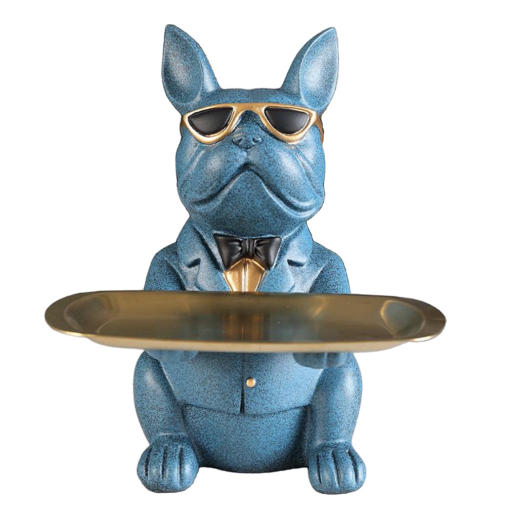 Khay đựng bức tượng hình chó bull bằng nhựa resin màu xanh lá dùng trang trí nhà cửa