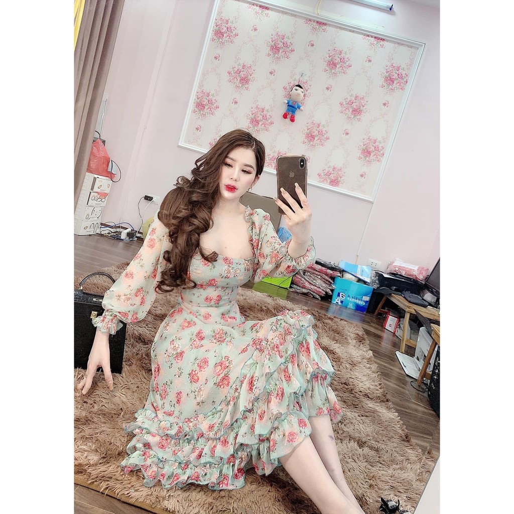 [HINOIS271] Đầm Maxi Tay Dài Cổ Vuông Dáng Dài, Có Bèo Ở Chân Váy, Kèm Lớp Lót Đầm, Chất Tơ Mát Mẻ, Thích Hợp Đi Biển | BigBuy360 - bigbuy360.vn