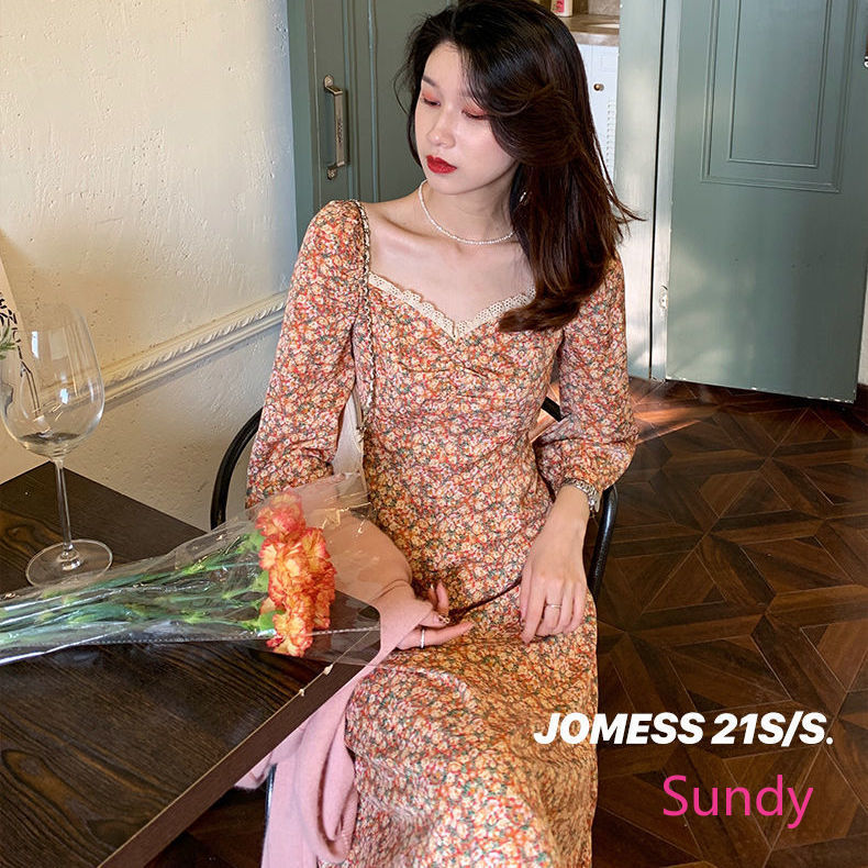 Đầm Dáng Dài Cổ Vuông In Họa Tiết Hoa Phong Cách Retro Pháp