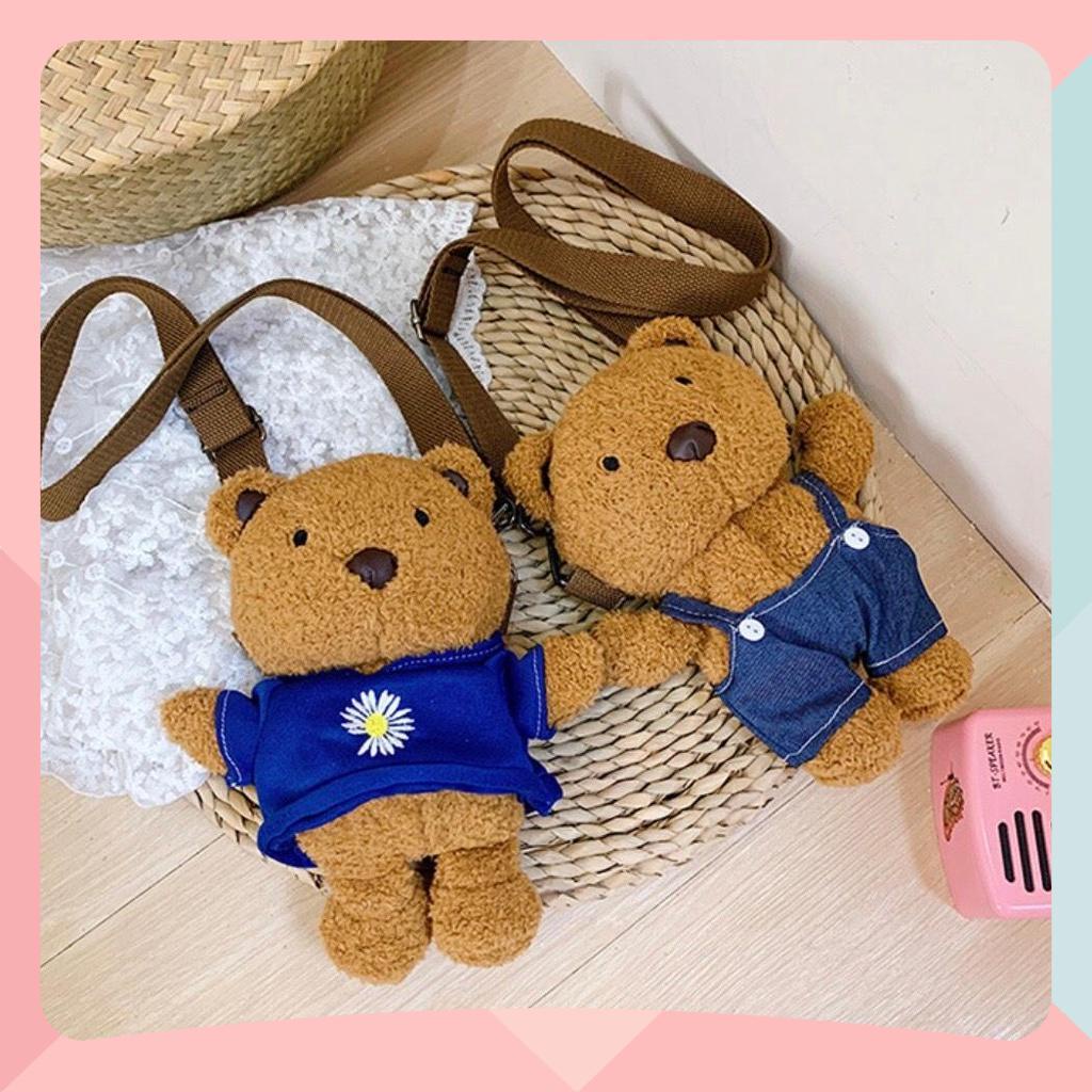 Túi Đeo Chéo Gấu Bông Màu Nâu Mang Áo  - Túi Đeo Vai Nhồi Bông Dễ Thương