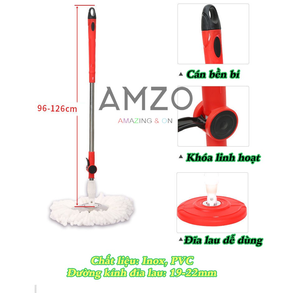 [SALE] Combo 2 cây lau nhà 360 độ cao cấp thân inox lớn AMZO ( đã kèm bông lau )