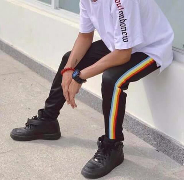 Quần dài nam nữ 1 sọc cầu vồng quần thể thao phối viền unisex kiểu dáng suông jogger - Quần Line Pants Unisex