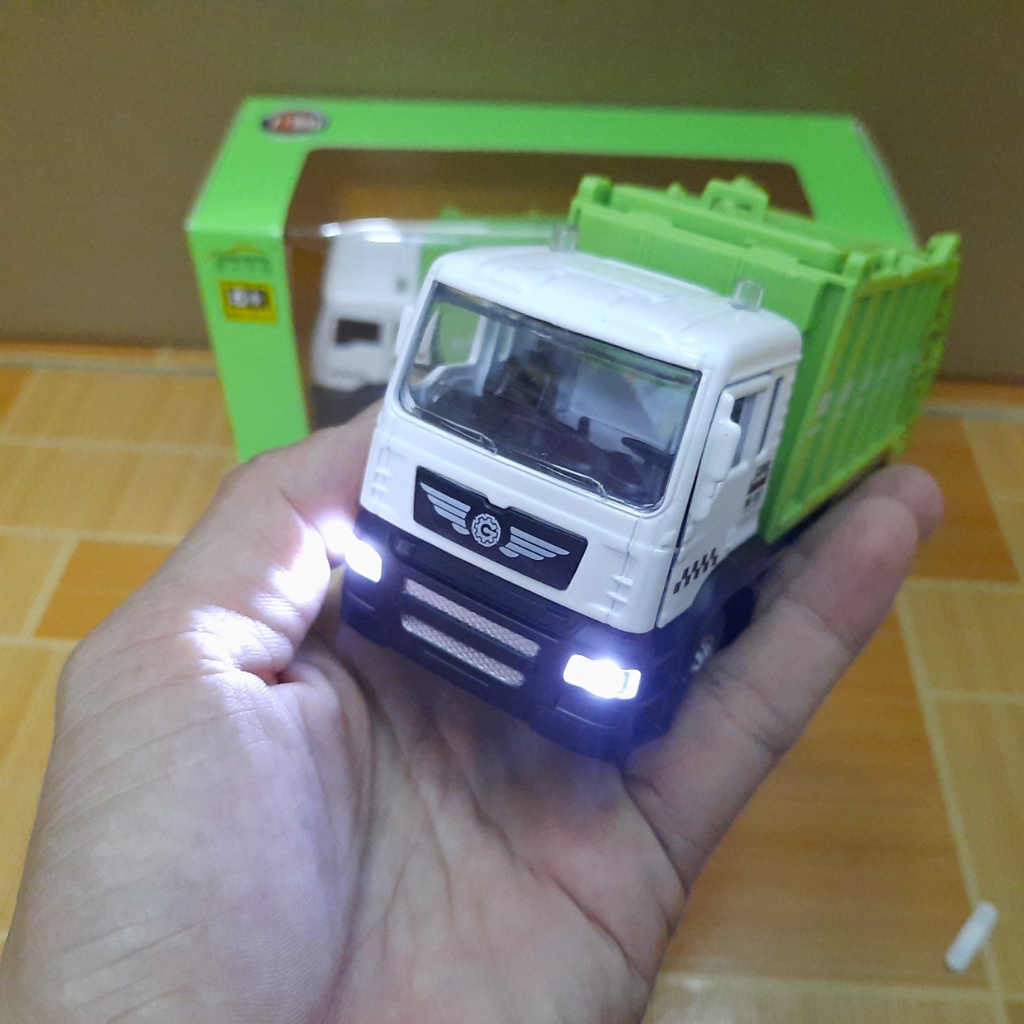 Ô tô chở rác đồ chơi trẻ em - Mô hình xe có âm thanh và đèn cabin xe bằng sắt tỉ lệ 1:50