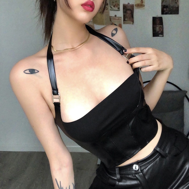 Áo Tank Top Da PU Hở Lưng Phối Khóa Kéo Phong Cách Đường Phố Cá Tính Cho Nữ