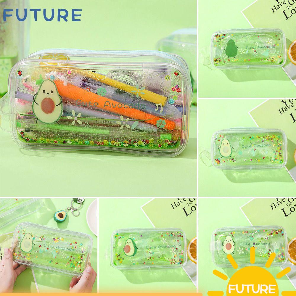 Túi đựng bút/ mỹ phẩm họa tiết hoạt hình phối kim tuyến nước màu trong suốt xinh xắn