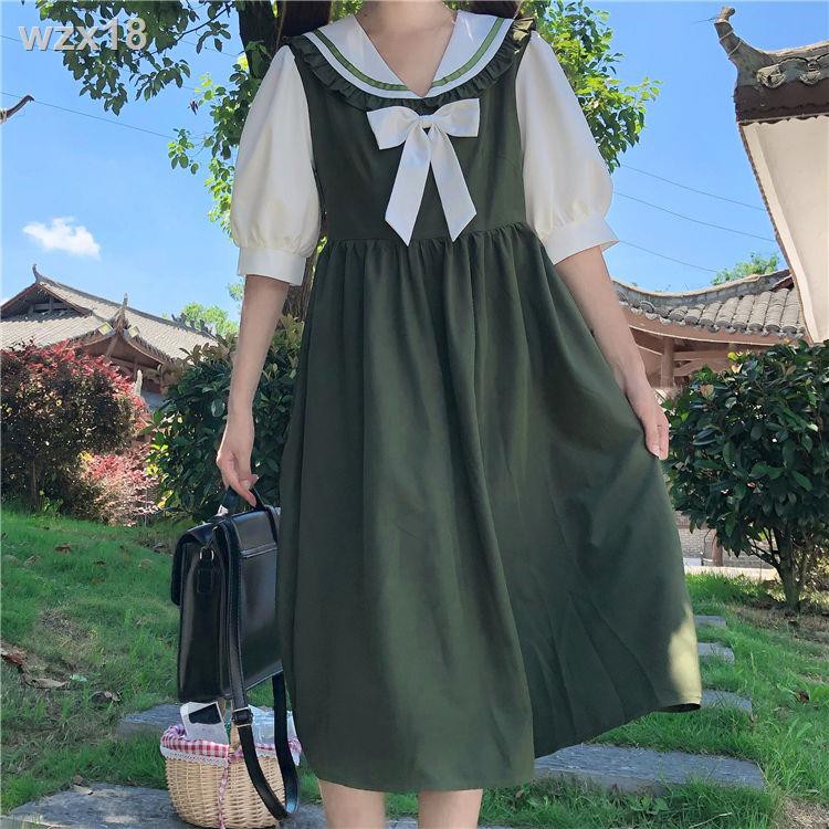 Thắt lưng cổ hải quân ngọt ngào kiểu Nhật Bản eo cao giảm béo mới đại học bong bóng tay ngắn màu tương phản váy