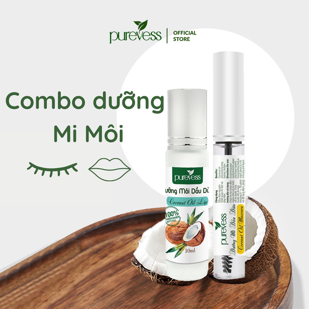 Combo dưỡng mi &amp; dưỡng môi dầu dừa Purevess giúp dưỡng mi dài và dày hơn, giúp môi giảm thâm