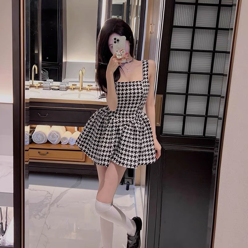 Váy Dạ Nữ 2 Dây Dáng Xòe Ulzzang, Đầm Chất Dạ Họa Tiết Kẻ