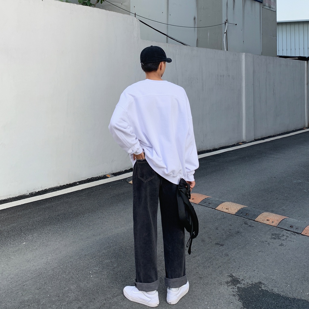 Quần denim ống rộng màu trơn thời trang mùa thu Nhật Bản cho nam size S-5XL