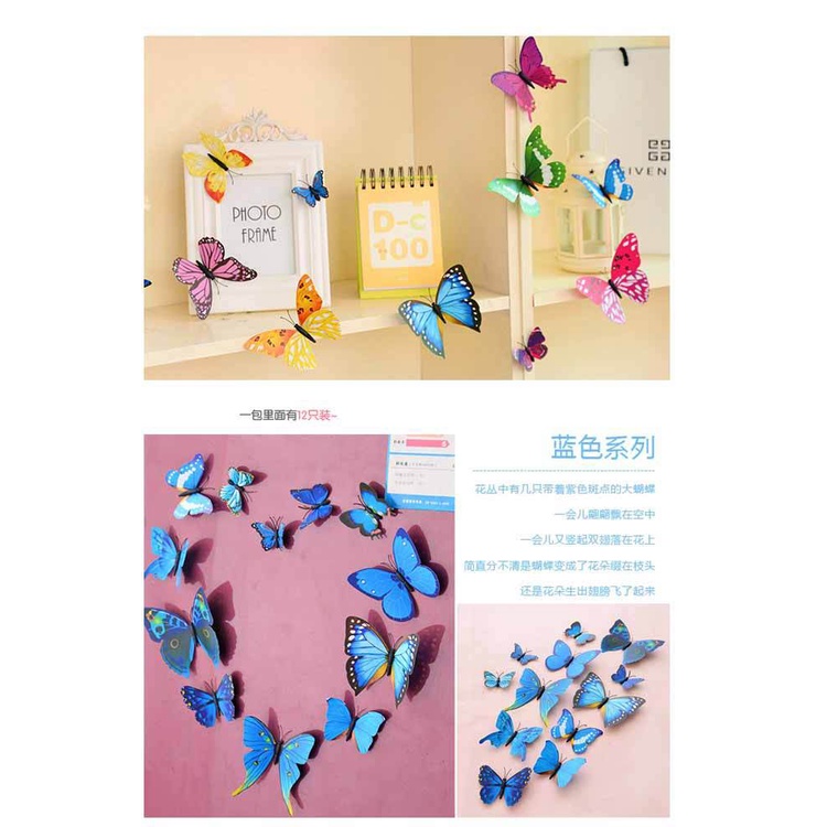 Set 12 Miếng Dán Tường Trang Trí Hình Con Bướm 3D Nhiều Màu Sắc Nghệ Thuật