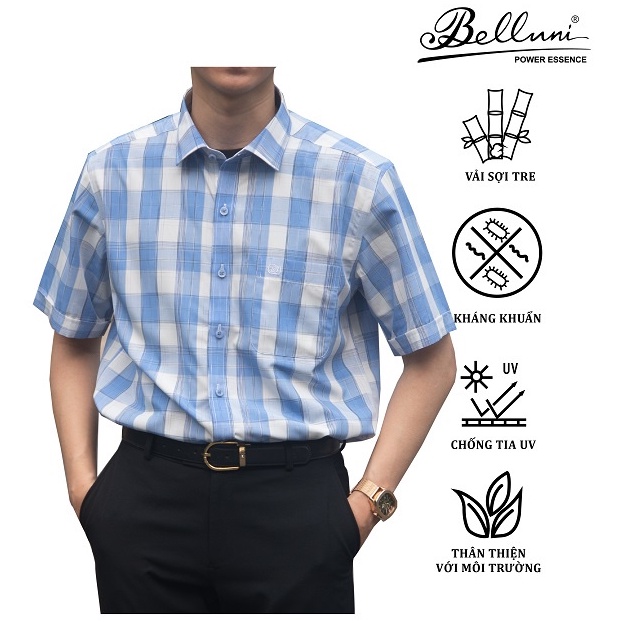 Áo sơ mi nam ngắn tay BELLUNI chất Bamboo sọc caro xanh trắng trẻ trung năng động -ABN.BP.BE.196.B5