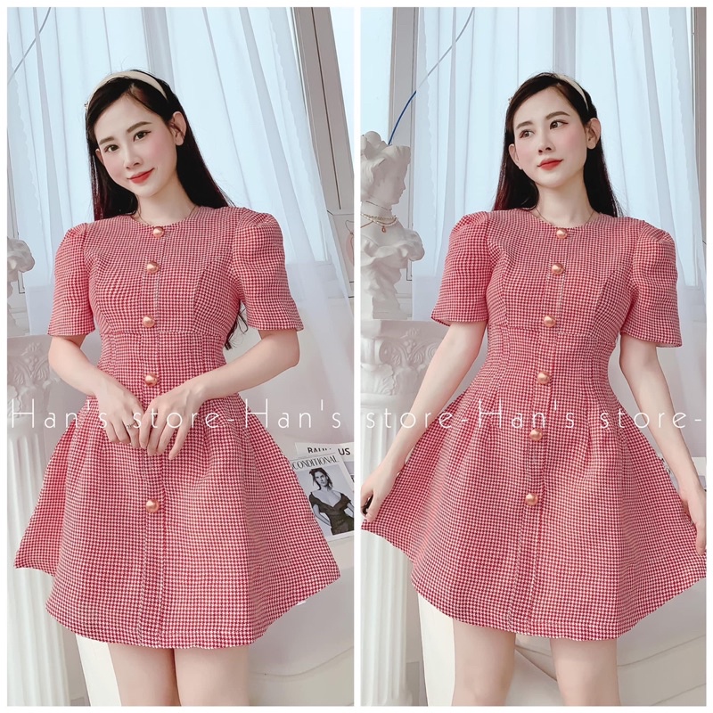 ĐẦM DẠ CARO DẠ XẾP LI XANH - ĐỎ( ẢNH THẬT)