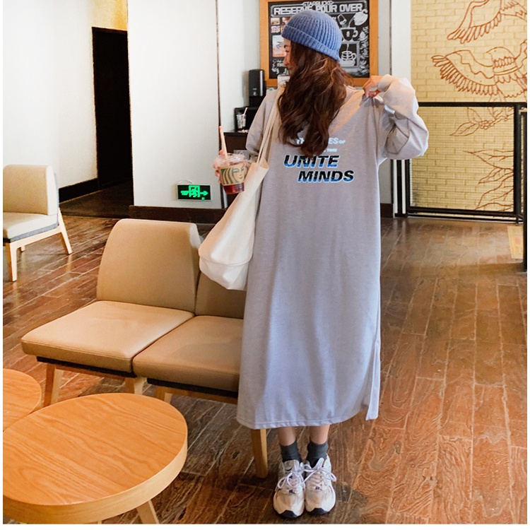 SUXI Đầm Hoodie Mỏng Cổ Tròn Dài Tay Dáng Rộng In Chữ Thời Trang Mùa Thu Năng Động