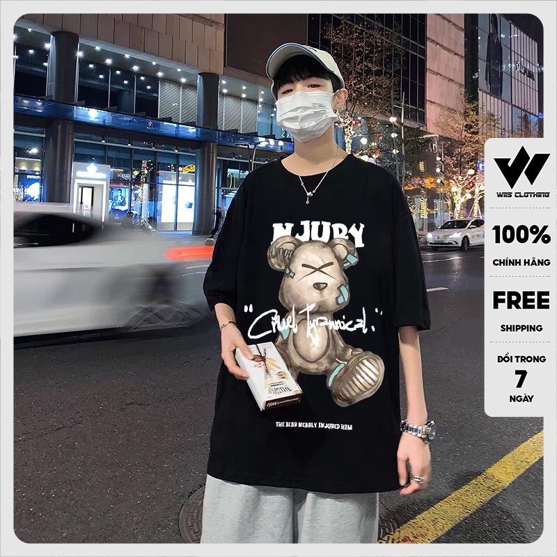 Áo phông nam WIIS tay lỡ unisex form rộng Gấu NJURY thun oversize nam nữ ulzzang