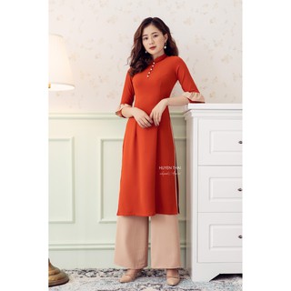 Áo dài HUYEN THAI Chất đũi, màu Cam, mềm mịn và Co giãn