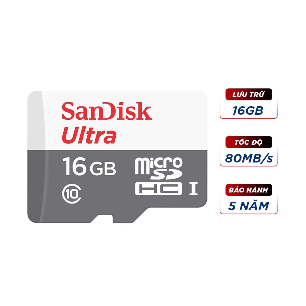 Thẻ nhớ Sandisk 16GB upto 80MB/s - Thẻ sandisk chuyên dụng cho Camera, Máy ảnh....| Bảo Hành 5 Năm