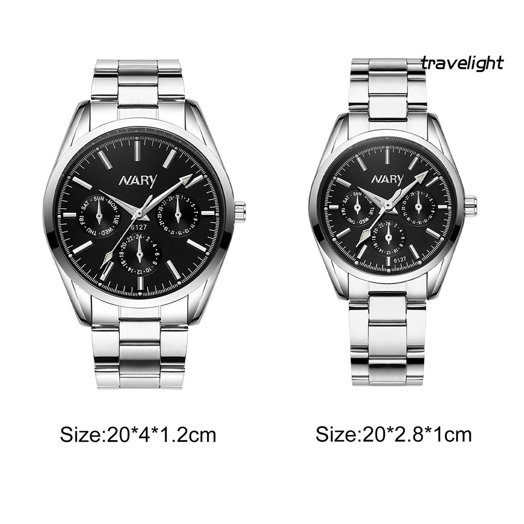 【TL】NARY Fashion Adjustable 3 Decorative Dial Steel Strap Office Business Silver Quartz Wristwatch Couple Watch