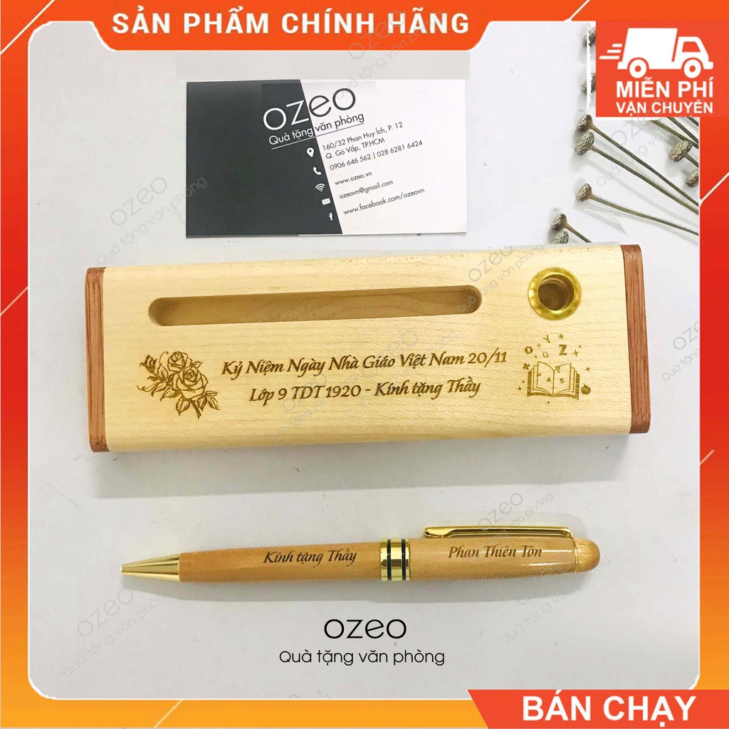 Bộ Quà Tặng Bút Gỗ Khắc Tên, Chữ, Logo Theo Yêu Cầu BG011 - Ozeo