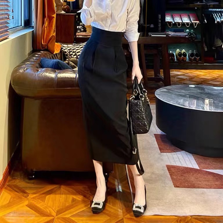 HAPPY HOMLIV Set Áo Sơ Mi Dáng Rộng + Chân Váy Ôm Phong Cách Hepburn Dành Cho Nữ