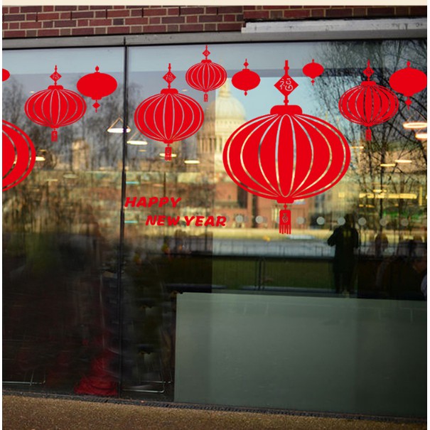 Decal trang trí tết - Lồng đèn đỏ lớn nhỏ kèm chữ HPNY