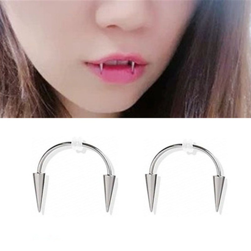 Set 2 khuyên xỏ 16g hình răng nanh ma ca rồng màu bạc làm bằng thép y tế
