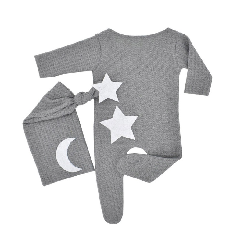 Set 2 Món Áo Liền Quần Dệt Kim Với Mũ Thắt Nút Dài Cho Bé Sơ Sinh Chụp Ảnh